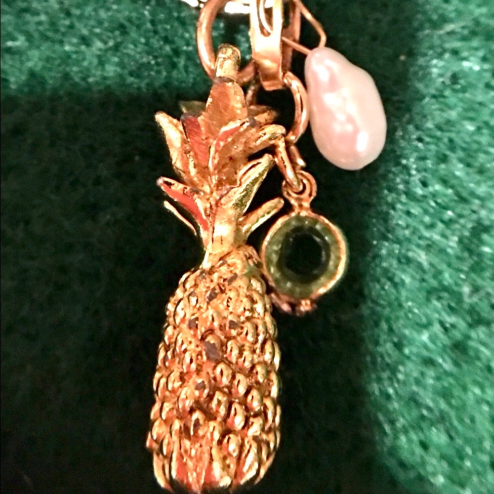 Three upcycled charms gold plated pineapple, olivine stone & a fresh water pearl